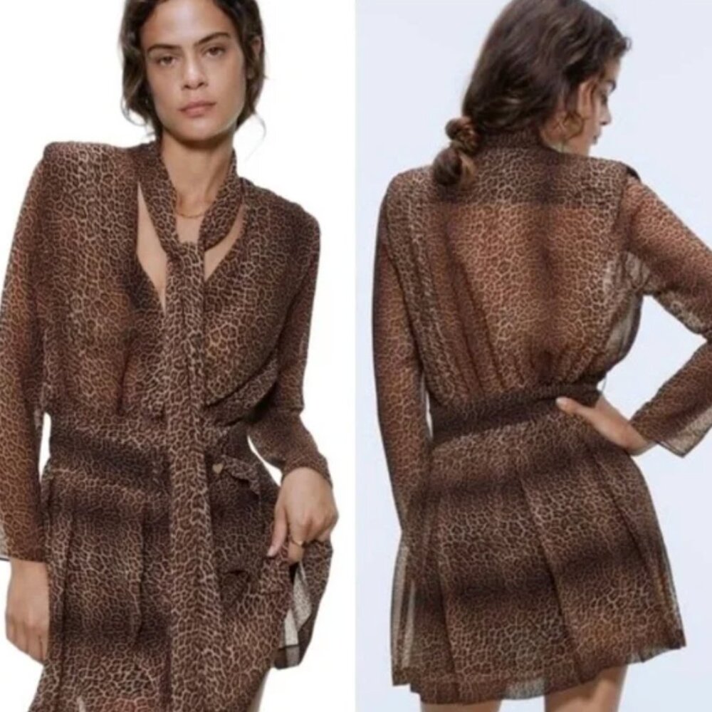 Zara Leopard Print dress with belt and scarf attached
